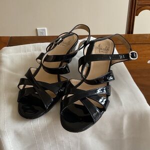 Amalfi by Rangoni Shiny Black Patent Criss Cross Block Heel Sandals